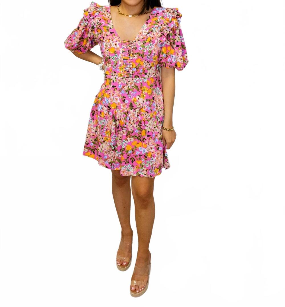 NEW FATE floral puff sleeve mini dress in pink multi